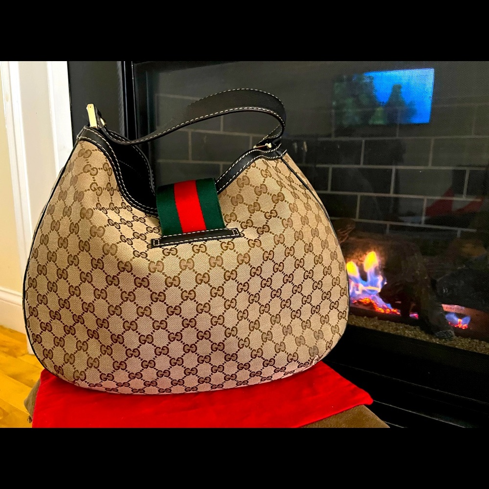 Large Gucci Web Hobo Monogrammed Canvas / Leather trim bag - Retail $3,200